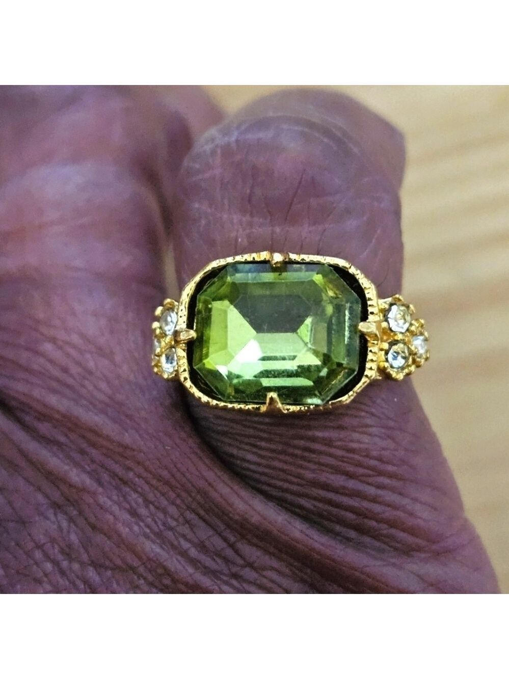 Vintage Green Zircon and Crystal Gold-plated Sterling Silver Ring, Size 6